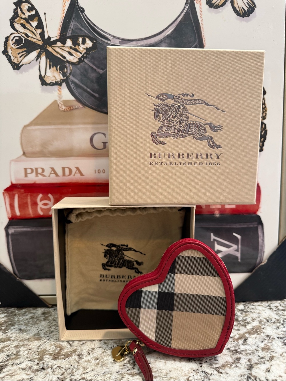 Burberry Beige Vintage Check Heart Coin Pouch with Red Trim